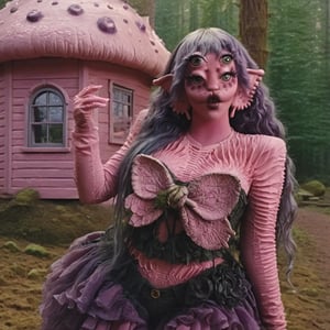 Pink and Purple makeup, gorgeous makeup, emerald makeup, a girl who is around mushroom houses, she is talking on a walkie talkie, walkie talkie, weird black shadow creature, pink skin, four eyes, Full body, dark pink short curly hair, cured and detailed outfit, her hair is long and wavy, her hair is long, 4k, 18k, hairstyle, perfect face, Melanie, Adele, Long hair, masterpiece high quality 18K, Hyperrealism, Realistic vision, rosy cheeks, realistic woman, a girl, Woman, best quality, woman, high quality, good lighting, A woman, mushroomshouses00, Long hair, Pink skin, four eyes, Fancy, model, A woman. Pink and purple makeup, gorgeous makeup, long train skirt, walkietalkie00, pink skin, four eyes, Full body, a girl, green short curly hair, cured and detailed outfit, her hair is long and wavy, her hair is long, 4k, 18k, hairstyle, perfect face, Melanie, Adele, Long hair, masterpiece high quality 18K, Hyperrealism, Realistic vision, rosy cheeks, realistic woman, a girl, Woman, best quality, woman, high quality, good lighting, A woman, walkietalkie00 , Long hair, Pink skin, four eyes, Fancy, model, A woman,Big Quality, Masterpiece, High Quality,Melanie Martinez, Beautiful, 1girl,4 eyes, Nymph, Pink Skin