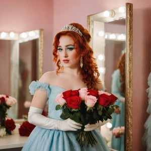 a girl who is holding a bouquet of roses, wears a light blue dress, has flowers in her hair that she ties in a bun, dressing room background, mirrors and background makeup, 4k, 18k, hairstyle, perfect face, Good Luck Babe, Princess, Theatre, Chappell Roan, masterpiece high quality 18K, Hyperrealism, Realistic vision, rosy cheeks, realistic woman, a girl, Woman, best quality, woman, high quality, good lighting, A woman, The Rise and Fall of a Midwest Princess, girl , beauty, a girl who is holding a bouquet of roses, while wearing a bright light blue dress, and has flowers in her hair that she ties in a bun, she has a small white princess crown and a kind of scarf that she has from the shoulder to the hip in white that says "Princess", dressing room background, theater, mirrors and makeup in the background, lights, beauty, princesses, Chappell Roan, The Rise and Fall of a Midwest Princess, Red Curly Hair, Green eyes, White makeup, crazy makeup, long curly red hair,Long curly red hair , white gloves 