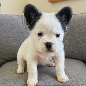 white little puppy with black one ear,stains, black stain in one ear