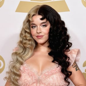 a girl who is standing posing as a model on a red carpet, wearing a beautiful dress, the girl has curly blonde hair black split dye, 4k, 18k, hairstyle, perfect face, After School, Melanie, Adele, Long hair, masterpiece high quality 18K, Hyperrealism, Realistic vision, rosy cheeks, realistic woman, a girl, Woman, best quality, woman, high quality, good lighting, A woman, with split hair, After School, girl, beauty, a girl who is posing as a model on a red carpet while her photos are taken, premiere, grammy, oscar, awards, the girl has fluffy curly hair, black split dye, blonde and black hair, she wears a beautiful dress, K-12 premiere, premiere, awards, carpet red, The Grammys, The Oscars, The Video Music Awards,Long curly split dye hair