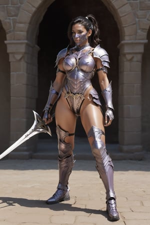 human, female, tan skin Puerto Rican, black wavy hair in ponytail, fit body, lavender armor, thong bodysuit, cloth over shoulder down to knees, sexy breast armor, armor gold trim, armor white trim, sexy armor on right shoulder, sexy armor on front side of legs, from behind, looking back, facing right, left hand on hip, right hand at side, armored boots, , melee_weapons halberd on back, garter_strap on upper legs, armor face_mask, castle background