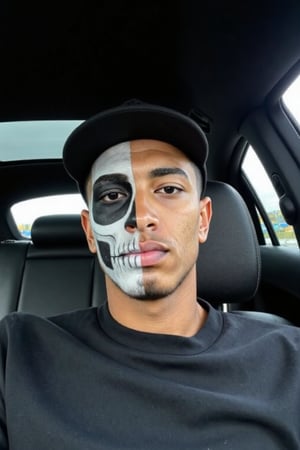 A darkened interior of a sleek sedan, Jude Bellingham's mesmerizing gaze pierces through the frame. A half-skeleton makeup design adorns his face, with intricately detailed skin pores and a hint of moonlit glow. He dons a black Pedro hat at a rakish angle, perfectly framing his chiseled features. The Instagram selfie captures every detail in 8K resolution, bathed in soft, eerie lighting that accentuates the Halloween spirit.