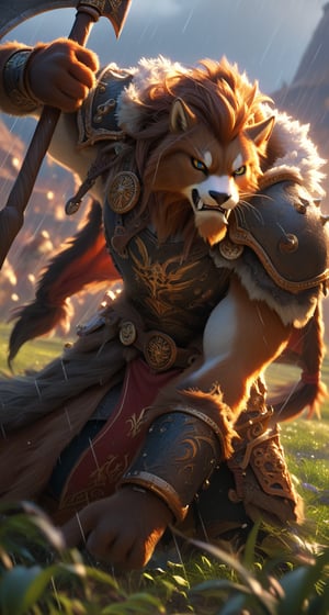 score_9, score_8_up, score_7_up, BREAK, warrior, helm, viking, fur coat, action pose, attacking, detailed armor, angered, intricate, gold, firm, holding and Axe, in a field, raining, moonlight, rim lighting, depth of field, high quality, 