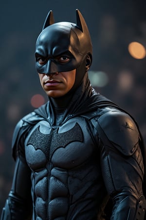 Kylian Mbappé donning a Batman-inspired costume, with an open-face mask, stands boldly in a wide shot against a dark and moody backdrop. Perfect lighting casts a warm glow on his chiseled features, highlighting the intricate details of his skin pores as if captured in 8K resolution. The cinematic framing emphasizes his powerful physique, as he gazes intently into the distance, ready to take on Gotham City's villains.