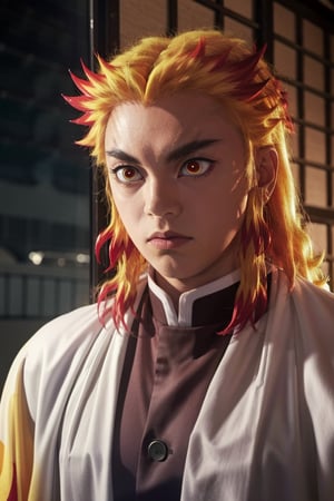 Highly detailed. High Quality, Masterpiece,beautiful,boy,8k, rengoku, yellow hair large, white kimono, black inner t-shirt, intimidation face,yellow eyes, with red pupils