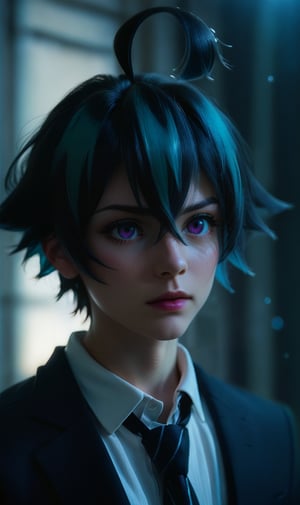 Prompt: Highest quality detailed, Best quality, score_9, score_8_up, score_7_up, score_6_up, source_realistic, photograph, BREAK,1boy, solo, Multi colored hair,Black hair,Aqua hair,Ahoge,Hair between eyes,Purple eyes, suit, dynamic angle,cinematic, best pose, Bokeh, set in Tokyo night city,more detail XL,