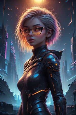 A captivating cyberpunk girl stands amidst a futuristic metropolis, wearing clear neon glasses that refract the city's dazzling lights. Her piercing gaze is set off by intricate, golden-ratio details on her face and clothes. In stunning 32K UHD, she poses against a decadent, highly detailed digital backdrop, reminiscent of Octane Render's artistry. Heartwarming, uplifting, and charming, this masterpiece features sharp focus, smooth textures, and exquisite eyes that seem to sparkle with inner light. The setting sun casts beautiful rim lighting, subsurface scattering, and subtle light leaks, casting a warm glow on the city's towering skyscrapers.