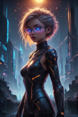 A captivating cyberpunk girl stands amidst a futuristic metropolis, wearing clear neon glasses that refract the city's dazzling lights. Her piercing gaze is set off by intricate, golden-ratio details on her face and clothes. In stunning 32K UHD, she poses against a decadent, highly detailed digital backdrop, reminiscent of Octane Render's artistry. Heartwarming, uplifting, and charming, this masterpiece features sharp focus, smooth textures, and exquisite eyes that seem to sparkle with inner light. The setting sun casts beautiful rim lighting, subsurface scattering, and subtle light leaks, casting a warm glow on the city's towering skyscrapers.