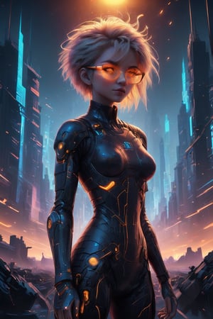 A captivating cyberpunk girl stands amidst a futuristic metropolis, wearing clear neon glasses that refract the city's dazzling lights. Her piercing gaze is set off by intricate, golden-ratio details on her face and clothes. In stunning 32K UHD, she poses against a decadent, highly detailed digital backdrop, reminiscent of Octane Render's artistry. Heartwarming, uplifting, and charming, this masterpiece features sharp focus, smooth textures, and exquisite eyes that seem to sparkle with inner light. The setting sun casts beautiful rim lighting, subsurface scattering, and subtle light leaks, casting a warm glow on the city's towering skyscrapers.