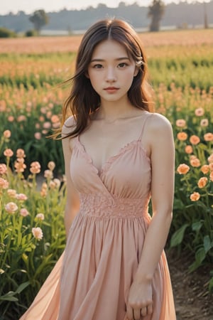 somber film ,WarmLight,1girl, pink dress,flower field,