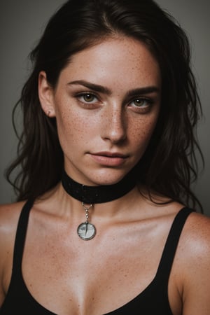 photo, rule of thirds, dramatic lighting, medium hair, detailed face, detailed nose, woman wearing tank top, freckles, collar or choker, smirk, tattoo, intricate background
,realism,realistic,raw,analog,woman,portrait,photorealistic,analog,realism