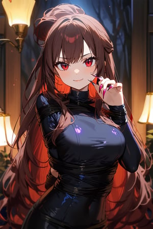 1girl, ((red eyes)), black eyeliner, ((looking at the viewer)), dark brown hair, long hair, tied up hair, (upper body), (standing in a dark park, lamp in the background), small smile, showing off her nails, ((extremely long fake nails)),