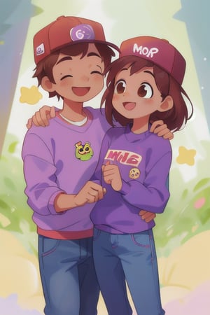 Envision a boy with dark skin, radiating cuteness and kindness, with brown hair, wearing a purple sweater adorned with an emoji and a red cap featuring another emoji. He stands happily next to a girl who also has dark skin, exuding cuteness and kindness, wearing a purple sweater and jeans. Both are smiling, their happiness evident in their animated expressions. The scene is bathed in soft, natural light, highlighting the vibrant colors of their outfits and the playful emojis. The composition captures them in a mid-shot, showcasing their joyful interactions and the harmonious blend of their warm skin tones and matching purple attire.