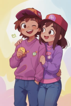 Envision a boy with dark skin, radiating cuteness and kindness, with brown hair, wearing a purple sweater adorned with an emoji and a red cap featuring another emoji. He stands happily next to a girl who also has dark skin, exuding cuteness and kindness, wearing a purple sweater and jeans. Both are smiling, their happiness evident in their animated expressions. The scene is bathed in soft, natural light, highlighting the vibrant colors of their outfits and the playful emojis. The composition captures them in a mid-shot, showcasing their joyful interactions and the harmonious blend of their warm skin tones and matching purple attire.