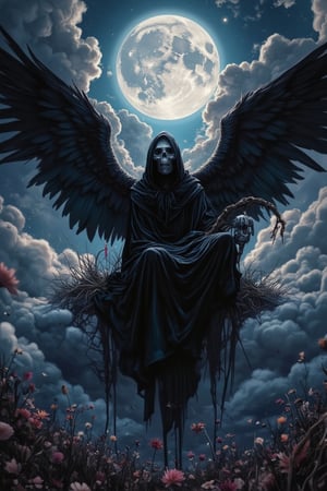 A Fallen angel of death seated on a billowy cloud, lblack hooded robe cascading elegantly, skull face skull head, striking grey eyes sparkling with ethereal wisdom from a skull,  holding a sythe magnificent angel wings u , vibrant moon rays filtering through, illuminating its presence, wilted floral meadow beneath, creating an atmosphere of death and dispair, wide-angle view showcasing the rotten realm.