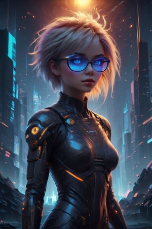 A captivating cyberpunk girl stands amidst a futuristic metropolis, wearing clear neon glasses that refract the city's dazzling lights. Her piercing gaze is set off by intricate, golden-ratio details on her face and clothes. In stunning 32K UHD, she poses against a decadent, highly detailed digital backdrop, reminiscent of Octane Render's artistry. Heartwarming, uplifting, and charming, this masterpiece features sharp focus, smooth textures, and exquisite eyes that seem to sparkle with inner light. The setting sun casts beautiful rim lighting, subsurface scattering, and subtle light leaks, casting a warm glow on the city's towering skyscrapers.