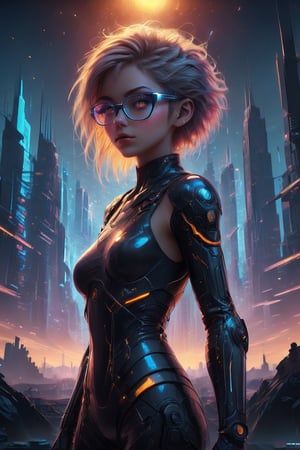 A captivating cyberpunk girl stands amidst a futuristic metropolis, wearing clear neon glasses that refract the city's dazzling lights. Her piercing gaze is set off by intricate, golden-ratio details on her face and clothes. In stunning 32K UHD, she poses against a decadent, highly detailed digital backdrop, reminiscent of Octane Render's artistry. Heartwarming, uplifting, and charming, this masterpiece features sharp focus, smooth textures, and exquisite eyes that seem to sparkle with inner light. The setting sun casts beautiful rim lighting, subsurface scattering, and subtle light leaks, casting a warm glow on the city's towering skyscrapers.