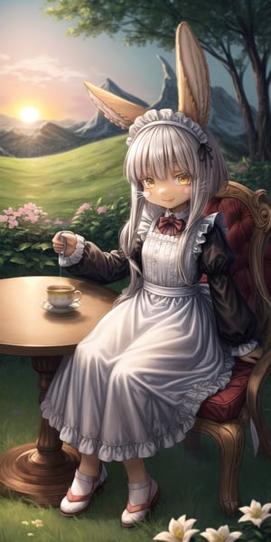 score_9, score_8_up, score_7_up, score_6_up, score_5_up, score_4_up,Full body image ,nanachi (made in abyss), furry, fur, fluffy, Yellow eyes, ((Flower in hair)), simple braid, Having a cup of tea , ((sitting)), landscape, sunset, field, trees, maid Clothing, table, smiling, Elegant chair, A teapot on the table,