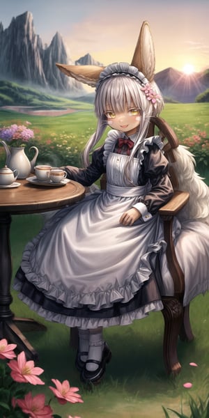 score_9, score_8_up, score_7_up, score_6_up, score_5_up, score_4_up,Full body image ,nanachi (made in abyss), furry, fur, fluffy, Yellow eyes, ((Flower in hair)), simple braid, Having a cup of tea , sitting, landscape, sunset, field, trees, maid Clothing, table, smiling, Elegant chair, teapot 