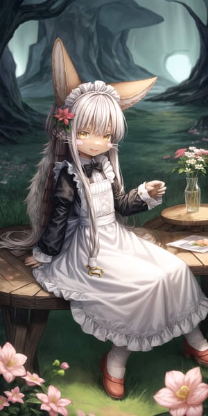 score_9, score_8_up, score_7_up, score_6_up, score_5_up, score_4_up,Full body image ,nanachi (made in abyss), furry, fur, fluffy, Yellow eyes, ((Flower in hair)), simple braid, Having a cup of tea , sitting, landscape, sunset, field, trees, maid Clothing, table, smiling 