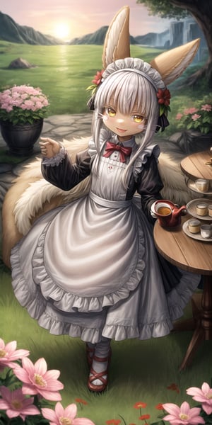 score_9, score_8_up, score_7_up, score_6_up, score_5_up, score_4_up,Full body image ,nanachi (made in abyss), furry, fur, fluffy, Yellow eyes, ((Flower in hair)), simple braid, Having a cup of tea , sitting, landscape, sunset, field, trees, maid Clothing, table, smiling, Elegant chair, A teapot on the table