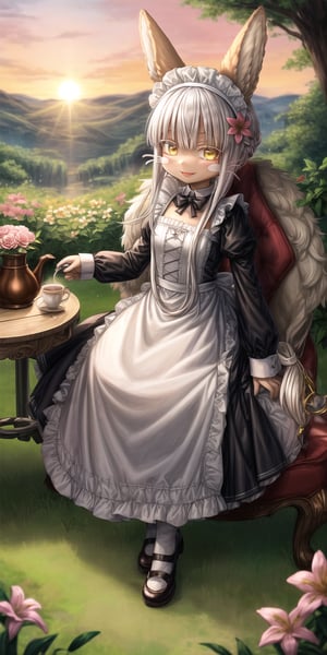 score_9, score_8_up, score_7_up, score_6_up, score_5_up, score_4_up,Full body image ,nanachi (made in abyss), furry, fur, fluffy, Yellow eyes, ((Flower in hair)), simple braid, Having a cup of tea , sitting, landscape, sunset, field, trees, maid Clothing, table, smiling, Elegant chair, A teapot on the table