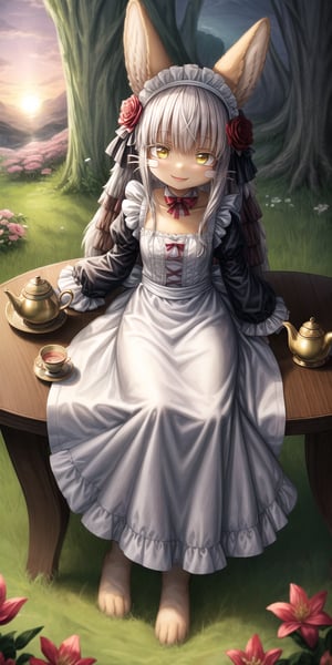 score_9, score_8_up, score_7_up, score_6_up, score_5_up, score_4_up,Full body image ,nanachi (made in abyss), furry, fur, fluffy, Yellow eyes, ((Flower in hair)), simple braid, Having a cup of tea , ((sitting)), landscape, sunset, field, trees, maid Clothing, table, smiling, Elegant chair, A teapot on the table,