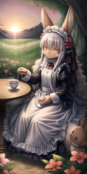 score_9, score_8_up, score_7_up, score_6_up, score_5_up, score_4_up,Full body image ,nanachi (made in abyss), furry, fur, fluffy, Yellow eyes, ((Flower in hair)), simple braid, Having a cup of tea , sitting, landscape, sunset, field, trees, maid Clothing, table, 