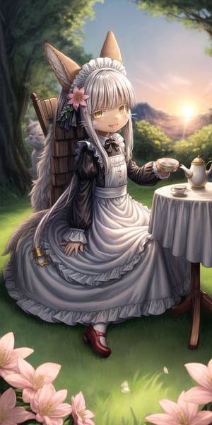 score_9, score_8_up, score_7_up, score_6_up, score_5_up, score_4_up,Full body image ,nanachi (made in abyss), furry, fur, fluffy, Yellow eyes, ((Flower in hair)), simple braid, Having a cup of tea , ((sitting)), landscape, sunset, field, trees, maid Clothing, table, smiling, Elegant chair, A teapot on the table, 