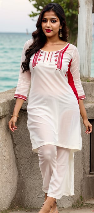 a village girl in beautiful white(( white kurti))kurti very realistic ((real kurti))and perfect((beautiful design)), perfect body shape, long face, young lady, perfect tan skin, glowing and very smooth skin, Full body, wide waist , big hip,Extremely Realistic, wide waist , big hip, Sexy Bengali Married Woman, Intricate, 8k, HDR, Masterpiece, Cinematic Lighting, Sharp Focus, Cheek Make Up, Eyelid Make Up, Eyeliner, Mascara, Glossy Lips, super alluring eyes, bronze long hair, vermilion on sithi, red tip, perfect, smooth realistic skin, fatty waist, slim legs, athletic body, Masterpiece, Photorealistic, Best Quality, Detailed Skin, Intricate, 8k, HDR, Masterpiece, Cinematic Lighting, high-heels, earrings, necklaces ,walking on sea beach, appart legs,  photo r3al,photorealistic