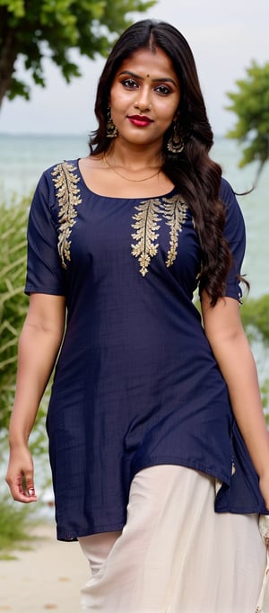 a village girl in beautiful blue(( blue kurti))kurti very realistic ((real kurti))and perfect((beautiful design)), perfect body shape, long face, young lady, perfect tan skin, glowing and very smooth skin, Full body, wide waist , big hip,Extremely Realistic, wide waist , big hip, Sexy Bengali Married Woman, Intricate, 8k, HDR, Masterpiece, Cinematic Lighting, Sharp Focus, Cheek Make Up, Eyelid Make Up, Eyeliner, Mascara, Glossy Lips, super alluring eyes, bronze long hair, vermilion on sithi, red tip, perfect, smooth realistic skin, fatty waist, slim legs, athletic body, Masterpiece, Photorealistic, Best Quality, Detailed Skin, Intricate, 8k, HDR, Masterpiece, Cinematic Lighting, high-heels, earrings, necklaces ,walking on sea beach, appart legs,  photo r3al,photorealistic