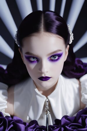 A cinematic masterpiece unfolds: a 13-year-old vampire sits eerily still, surrounded by an aura of death. White makeup and heavy mascara accentuate her pale complexion, while purple lipstick and bold eyeliner create a dramatic contrast. The soft focus of the 35mm film captures every detail in high definition, with a shallow depth of field blurring the background. A professional touch elevates the image to stunning 4K resolution, showcasing every brushstroke of makeup and each delicate feature.