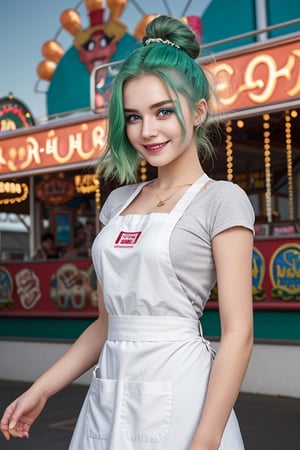 Close-up shot of Edith, a 15-year-old Russian girl with a vibrant green hair-bun, wearing a crisp white apron, standing in front of a colorful funfair backdrop. The bright lights and lively music of the theme park create a whimsical atmosphere. Edith's eyes sparkle with excitement as she holds a sweet treat, her apron adorned with cheerful cartoon characters.