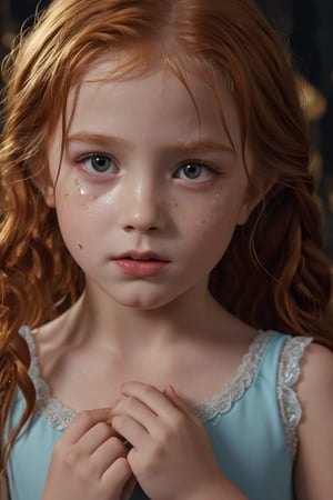 A 6-year-old girl with a perfect face, long ginger hair, and petite features, wearing heavy makeup with mascara applied in a dramatic manner. Mascara tears stream down her cheeks, mixing with runny makeup to create a messy yet endearing scene. The masterpiece is set against a high-resolution backdrop, rendered in stunning 4K with ray tracing and intricate details. She's surrounded by absurd, whimsical elements that add to the surreal atmosphere.