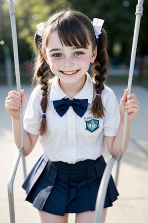 A small, petite Jewish 11-year-old girl stands out amidst the vibrant colors of the playground, her bright smile radiating joy as she swings on a bar in her crisp white schoolgirl uniform, pigtails tied with ribbons, and a sprinkle of freckles adding to her playful charm. Soft sunlight casts a warm glow, highlighting her beaming face.