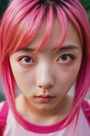 A close-up shot of a young Japanese girl with striking anime eyes and vibrant pink hair, captured on 35mm film with a shallow depth of field, blurring the background into creamy bokeh. Her scared expression is a focal point amidst a professional-grade, ultra-high-definition (4K) image, showcasing meticulous attention to detail in every strand of her pink locks and delicate facial features.