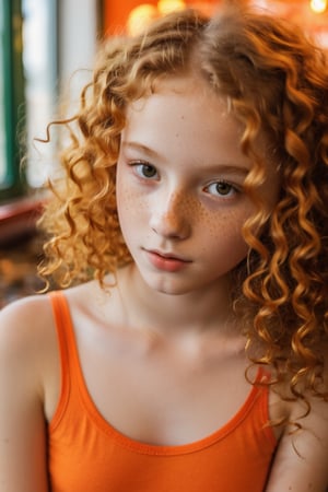 A sun-kissed afternoon in a trendy Russian cafe: a carefree random tween girl, sporting vibrant ginger locks and luscious curly tresses, gazes directly at the camera with a mischievous glint in her eye. She's dressed in a bold, bright orange crop top, contrasting against her porcelain complexion. Soft, warm lighting wraps around her face, highlighting the subtle freckles on her nose.