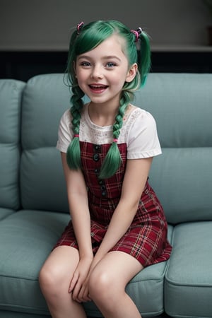 A cinematic still life: A 6-year-old girl with vibrant green hair and pigtail braids, beaming with joy, sits on a plush couch. She wears a tartan kilt, its bold patterns creating a striking visual contrast. The soft focus of the 35mm photograph blurs the background, while the bokeh effect adds a touch of professional polish. The highly detailed image is reminiscent of a high-resolution 4K film capture, inviting the viewer to step into this whimsical world.