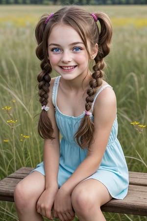 A whimsical portrait of a random, beautiful 7-year-old girl sitting on a rustic wooden bench amidst a lush meadow, surrounded by vibrant wildflowers and tall grasses. The warm sunlight casts a gentle glow on her smiling face, with her curly brown hair tied in pigtails and her bright blue eyes sparkling with innocence.