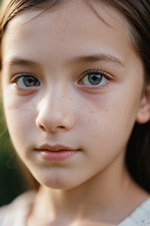 Close-up shot of a 10-year-old girl's serene face, captured on 35mm film with a shallow depth of field, showcasing creamy bokeh and soft focus. The high-contrast, cinematic lighting highlights her gentle features, while the 4K resolution renders every detail with precision. Her eyes, large and expressive, gaze softly into the distance, inviting the viewer to step into the frame.