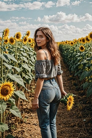 A photograph of a young woman walking through the space between the sunflowers. She is gently caressing the sunflowers in her hands. Sunflowers in the foreground, blurred to create a soft, shallow depth of field. Candid portrait photography. Cool tones.

8K resolution captures high-impact details, lifelike photography, ultra-realistic ambiance-enhanced performance, and detailed imagery.