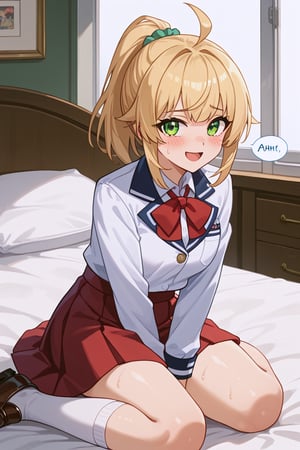 Score_9, Score_8, Score_7, masterpiece, best quality, beatiful, detail face, (bedroom), intense lewd eye contact with viewer, shiny skin, sweat, shy, blushing, dialogue bubble,sumise, look at the viewer, sexy smile, moaning,norn-schooluniform, norn greyrat, green eyes, blonde hair, ponytail, ahoge, white shirt, long sleeves, red skirt, white kneehighs, loafers