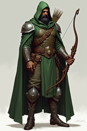 concept art, dnd, character concept, male, human, tall, muscular body, (eyes covered by hood), long green cape, ranger, holding a longbow, leather armor, black beard, fantasy art, full-body shot, 