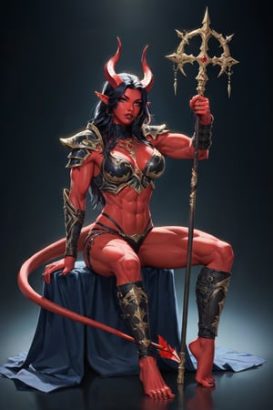 score_9, score_8_up, score_7_up, masterpiece, best quality, absurdres, very aesthetic, tiefling, 1girl, tall, muscular body, horns, female focus, solo, colored skin, holding polearm, holding poleaxe, red skin, polearm resting on shoulder, black leather armor, tail, raven sitting on shoulder, barefoot, stirrup_legwear, raven feather ornaments, full-body portrait, black hair, demon, black background, long hair, fantasy art, more detail XL