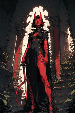 score_9_up, score_8_up, score_7_up, 1girl, solo, Tiefling, pointed ears, colored skin, red skin, black horns, tail, standing, black double slit dress, long black cape, holding longsword, stiletto high heels,sinozick style,flat color, dark theme