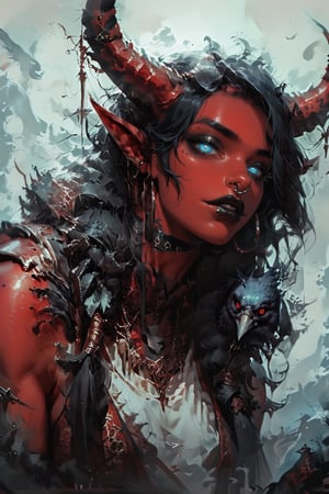 score_9, score_8_up, score_7_up, Fantasy illustration, of a tiefling woman's face, 1girl, tall, muscular body, horns, glowing Blue eye iris, black eye sclera, female focus, solo, colored skin, red skin, (halberd resting on shoulder), tail, (crow sitting on shoulder:1.2), (crow feather clothes ornaments), portrait, black hair, demon, (blank stare), black background, long hair, fantasy art, more detail XL,concept art, realistic, & concept art, horror (theme), monochrome, fog, realistic