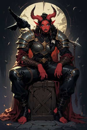 score_9, score_8_up, score_7_up, Fantasy illustration, of a tiefling woman with a halberd, 1girl, tall, muscular body, horns, female focus, standing, solo, colored skin, black leather armor, holding halberd, holding poleaxe, red skin, (halberd resting on shoulder), tail, (crow sitting on shoulder:1.2), heels, stirrup_legwear, leather pants, (crow feather clothes ornaments), full-body portrait, black hair, demon, black background, long hair, fantasy art, more detail XL