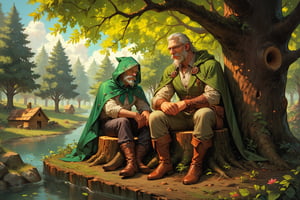 score_9, score_8_up, score_7_up, score_6_up, score_5_up, score_4_up, old_man, sitting_on_tree_stump, green_cape, wearing_hood, short_beard, holding_bow, quiver_on_back, grey_beard, outdoor, sunny, wooden_cabin, detailed, detailed body, detailed face,more detail XL