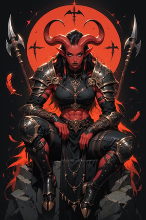 score_9, score_8_up, score_7_up, Fantasy illustration, of a tiefling woman with a halberd, 1girl, tall, muscular body, horns, female focus, solo, colored skin, black leather armor, holding poleaxe, red skin, polearm resting on shoulder, tail, (crow sitting on shoulder:1.1), (crow feather clothes ornaments), full-body portrait, black hair, demon, black background, long hair, fantasy art, more detail XL