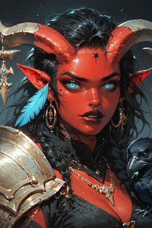 score_9, score_8_up, score_7_up, Fantasy illustration, of a tiefling woman's face, 1girl, tall, muscular body, horns, glowing Blue eye iris, black eye sclera, female focus, standing, solo, colored skin, holding halberd, red skin, (halberd resting on shoulder), tail, (crow sitting on shoulder:1.2), (crow feather clothes ornaments), portrait, black hair, demon, (intimidating gaze), black background, long hair, fantasy art, more detail XL